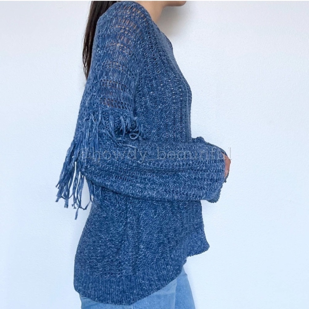 ULLA Johnson Arquette Pullover Sweater Sz Small Blue Knit Cotton Fringe Crochet